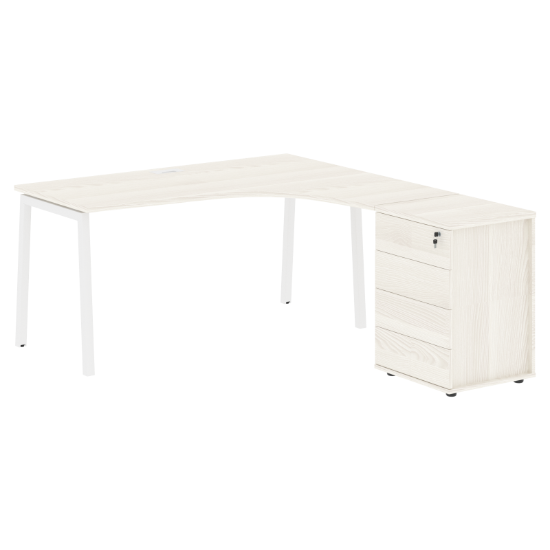 Стол эргономичный с тумбой ELCET 1518(R) Ясень Траун/Белый 1560х1880х750 EDIS
